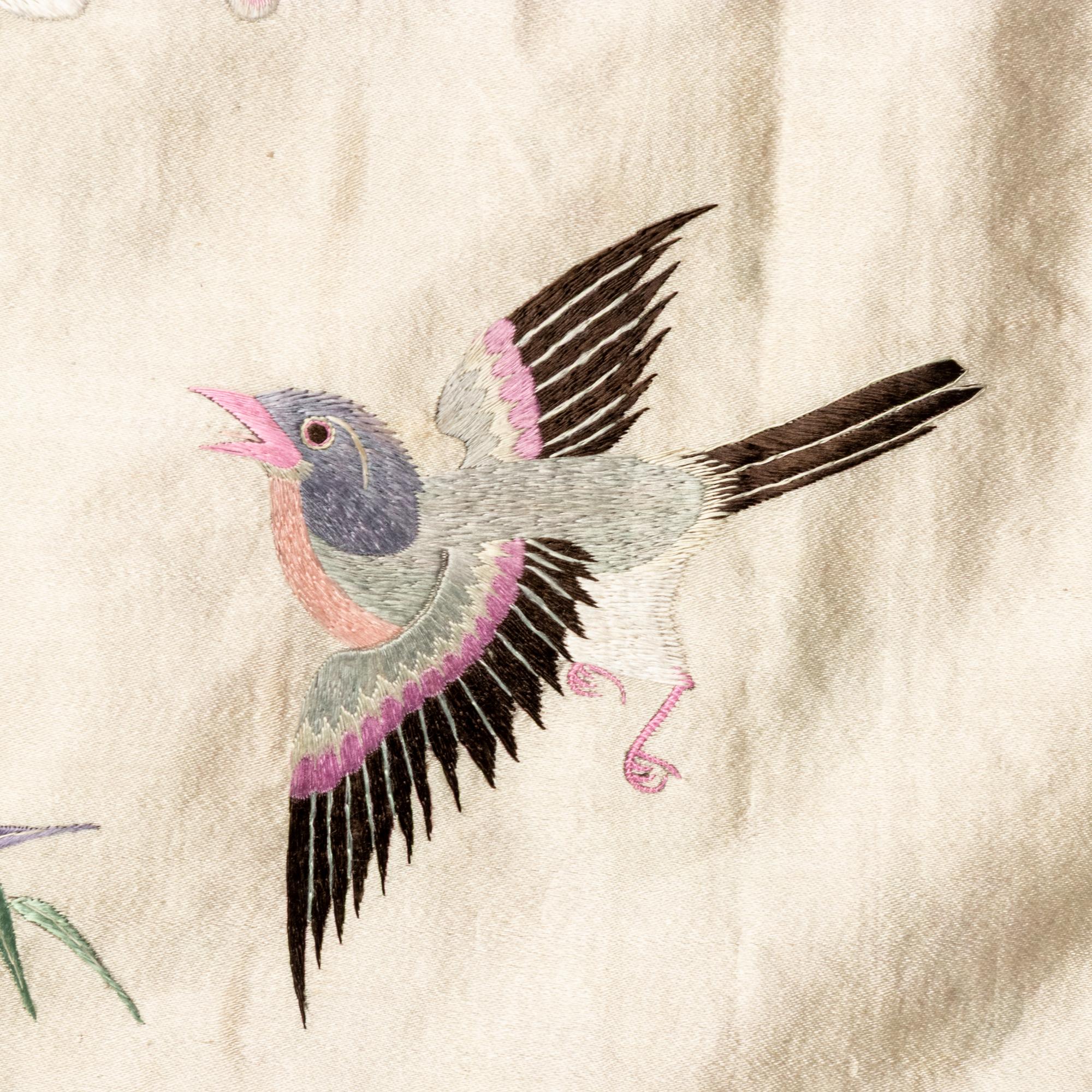 A Large Chinese Embroidered Silk Hanging Panel, Late 19th Century 清晚期 藍地綉花鳥大挂賬