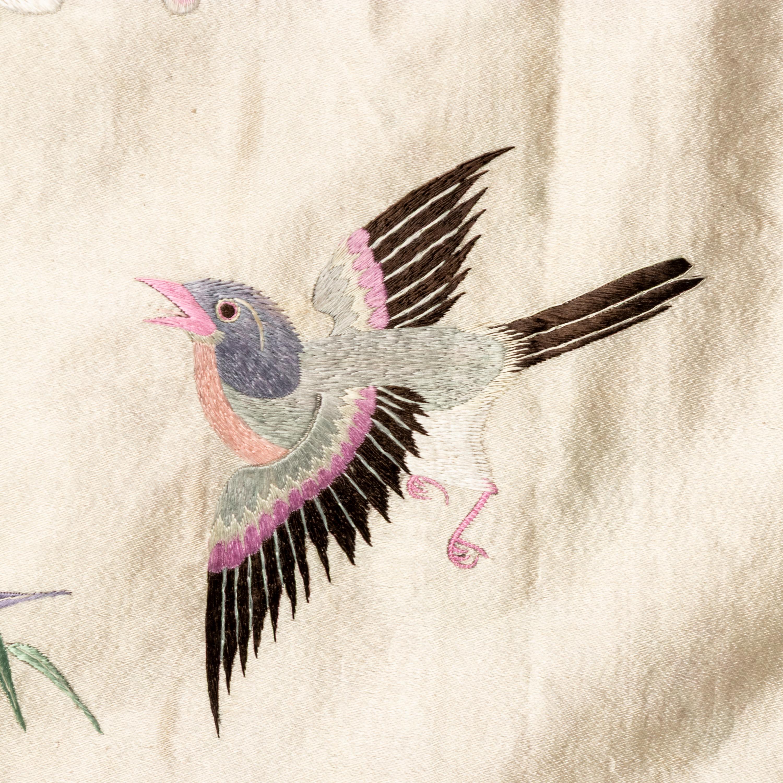 A Large Chinese Embroidered Silk Hanging Panel, Late 19th Century 清晚期 藍地綉花鳥大挂賬