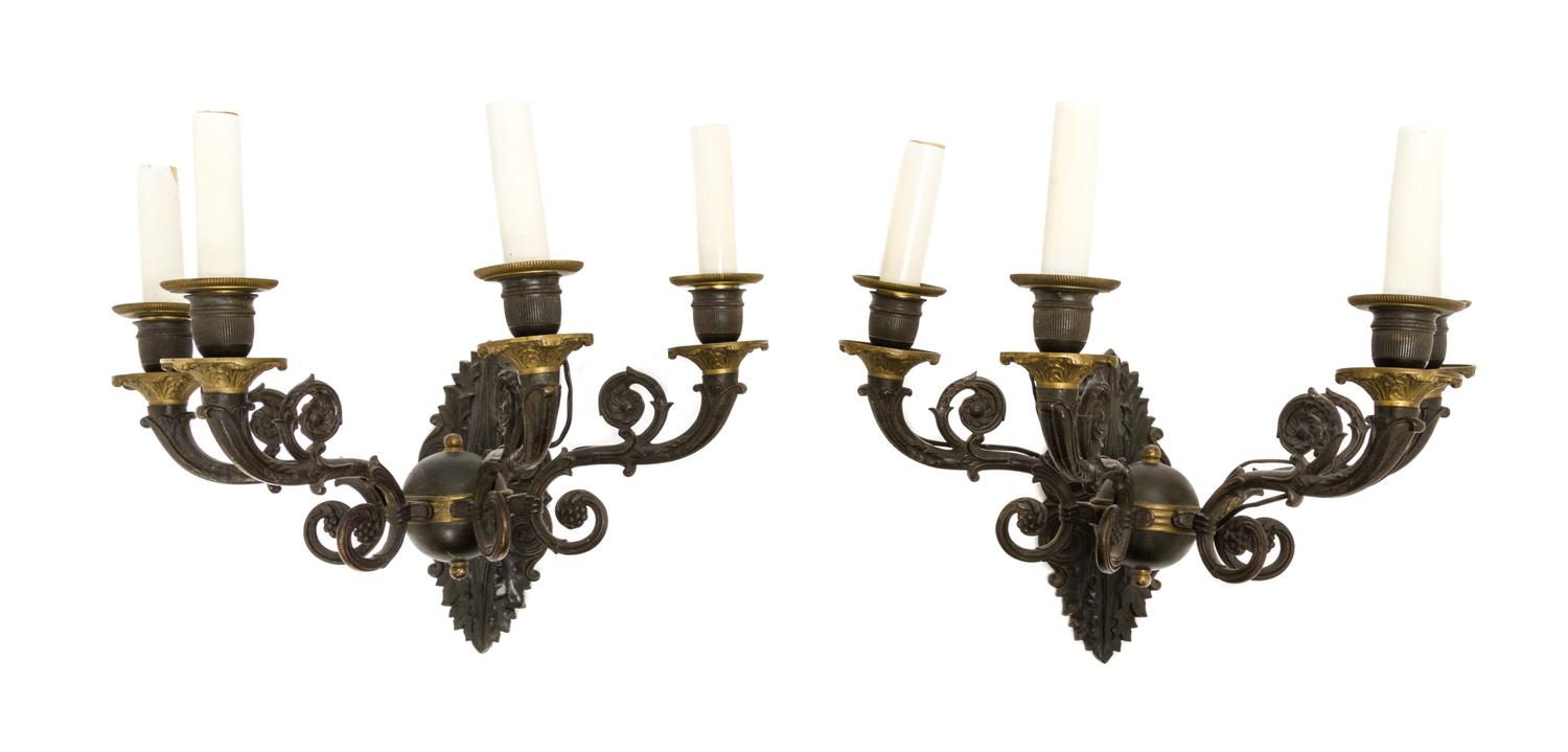 A Pair of Empire Style Gilt and Patinated Bronze Four-Light Sconces, 19TH CENTURY, Height 12 inches. — 19TH CENTURY,