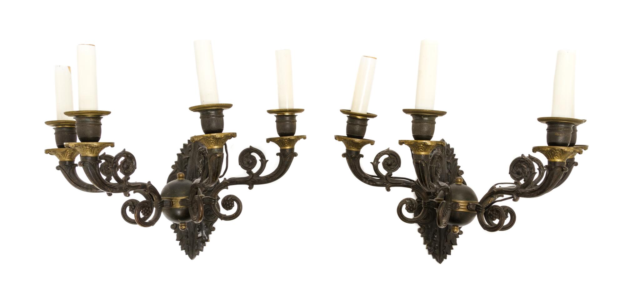 A Pair of Empire Style Gilt and Patinated Bronze Four-Light Sconces, 19TH CENTURY, Height 12 inches. — 19TH CENTURY,