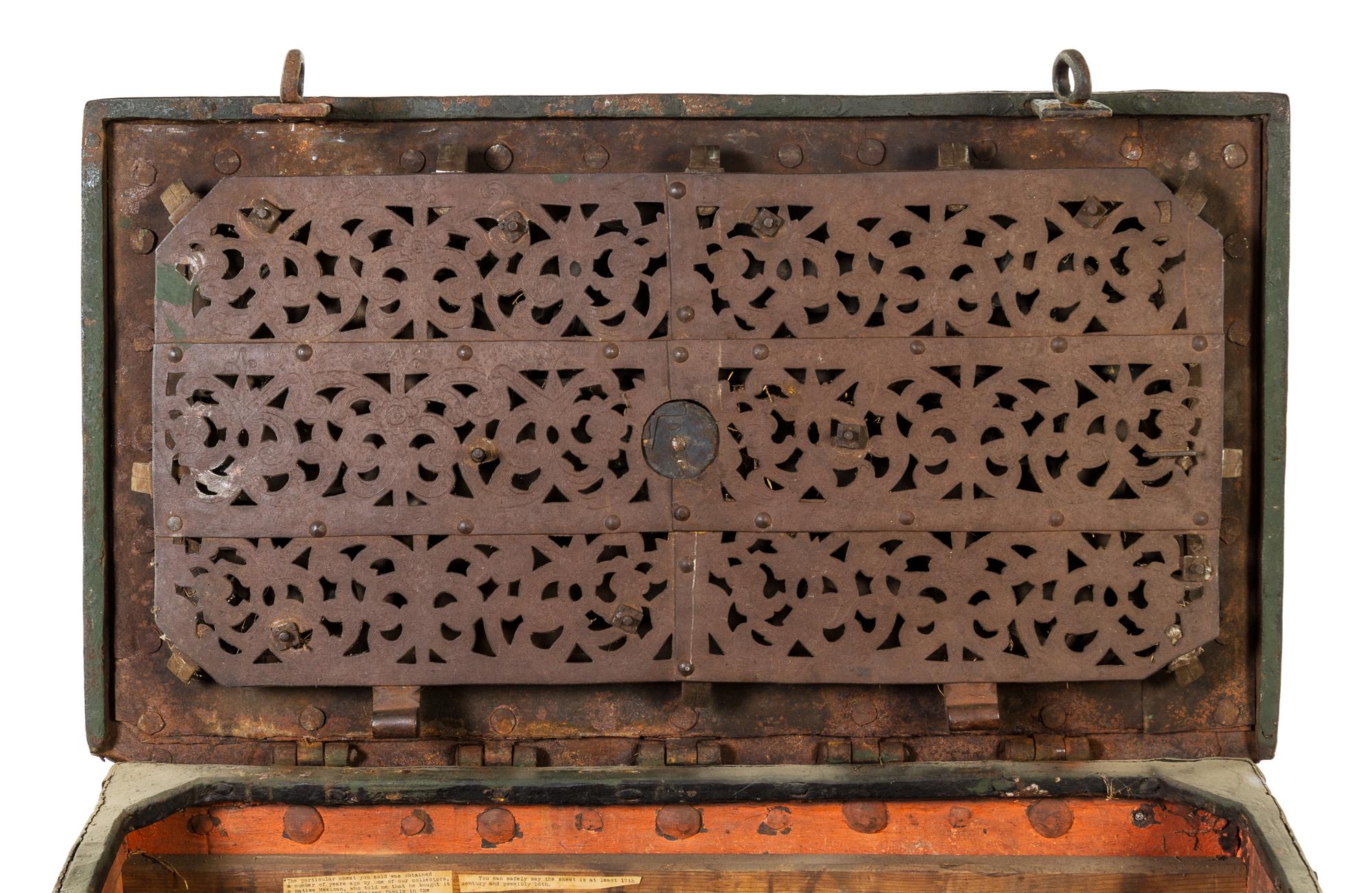 A Continental Polychrome Decorated Iron Strong Box Height 19 1/2 x width 34 3/4 x depth 19 7/8 inches. — 17TH/18TH CENTURY