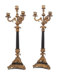 A Pair of French Parcel-Gilt Bronze Four-Light Candelabra