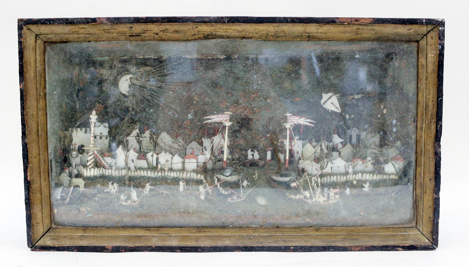 A Chinese Export Carved and Painted Mother-of-Pearl Composition Diorama Height 13 x width 23 3/8 x depth 5 1/2 inches. — 18TH CENTURY