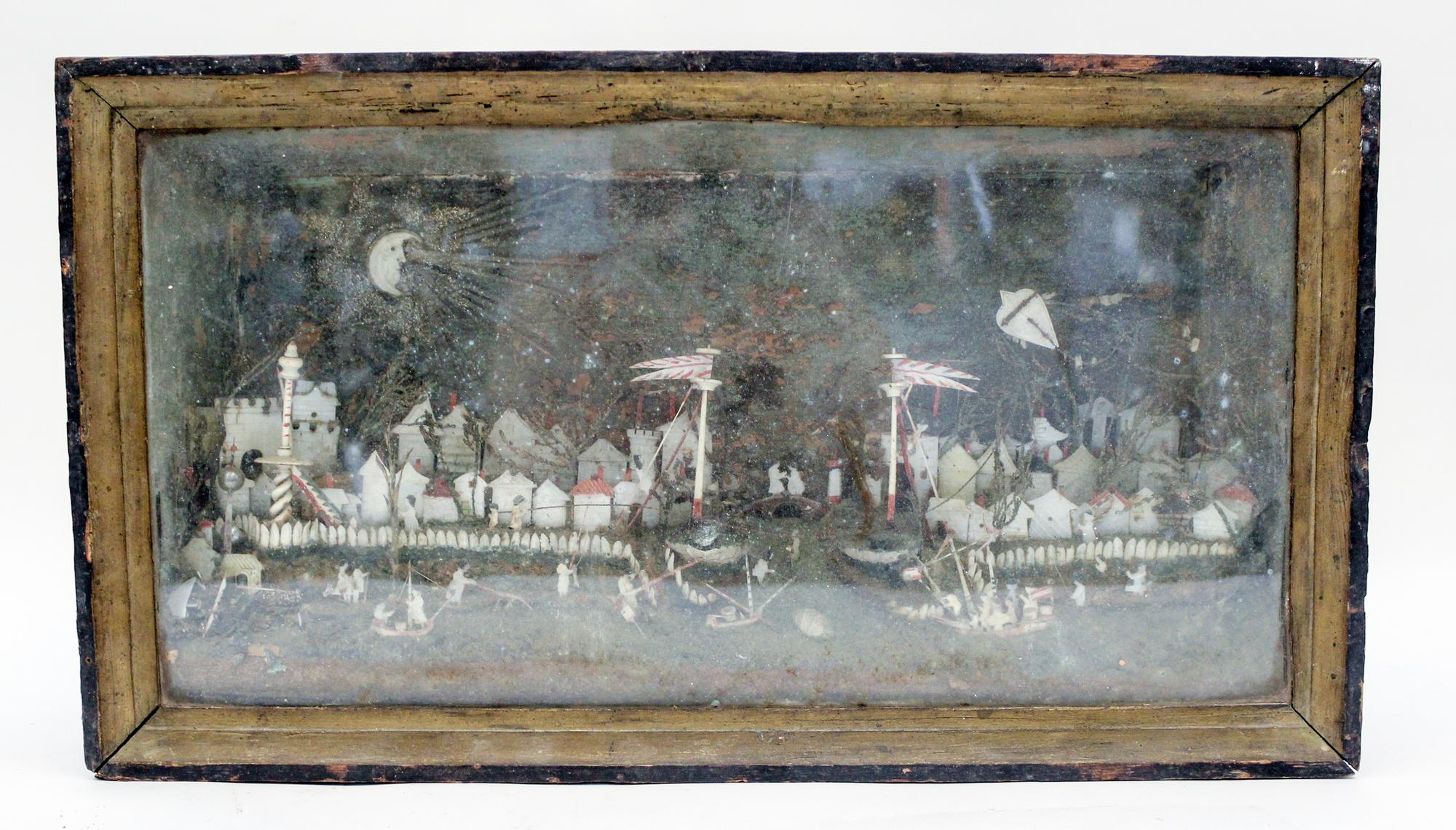 A Chinese Export Carved and Painted Mother-of-Pearl Composition Diorama Height 13 x width 23 3/8 x depth 5 1/2 inches. — 18TH CENTURY