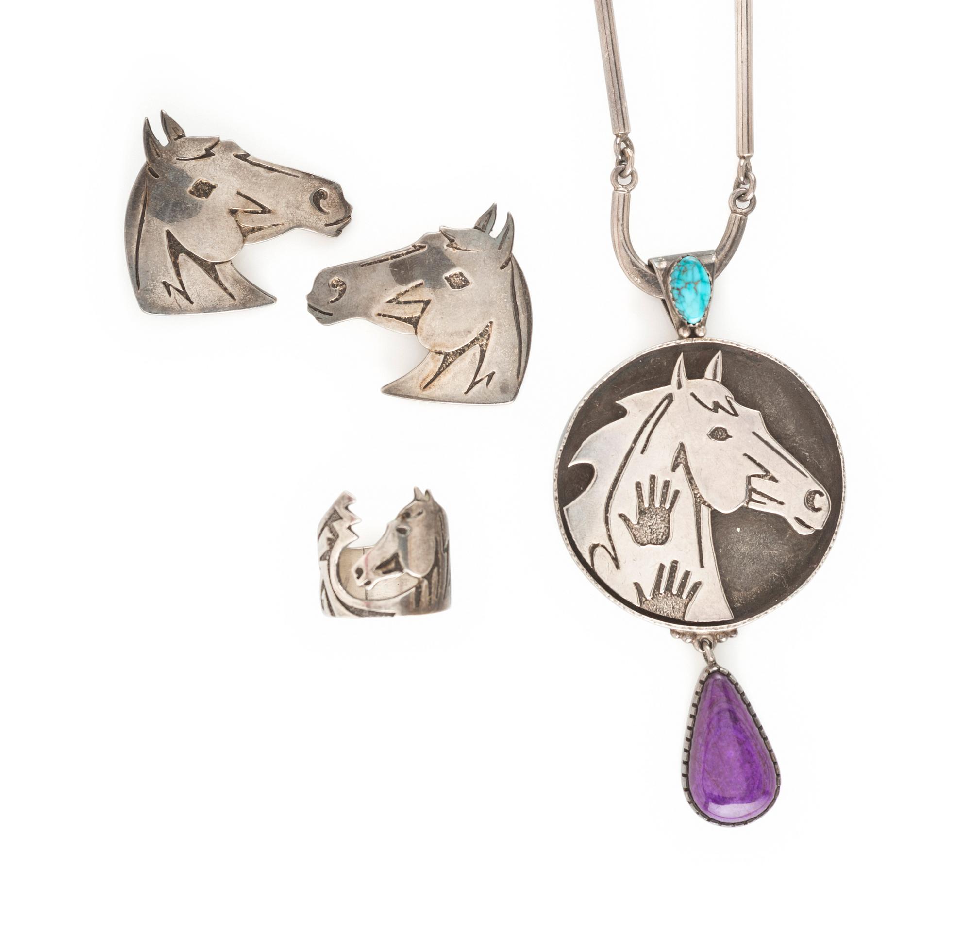 Silver Horse Necklace, Earrings and Ring
