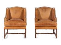 A Pair of William and Mary Style Leather-Upholstered Wingback Armchairs