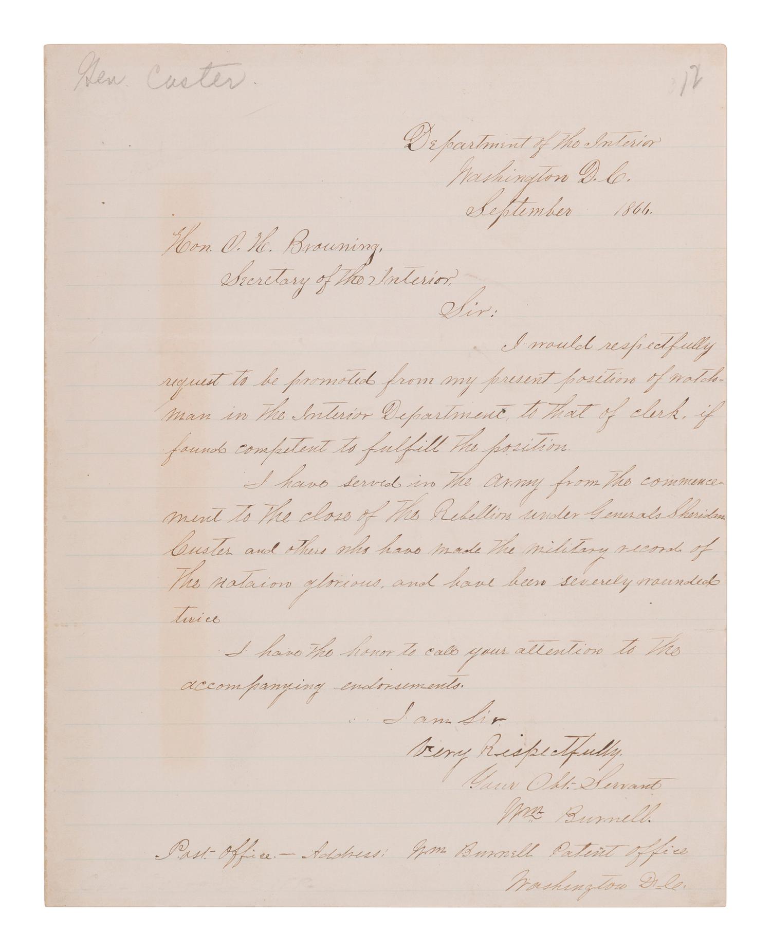 CUSTER, George Armstrong (1839-1876). Autograph endorsement signed ("G.A. Custer"), as Brevet Major General, U.S.A. [September 1866].