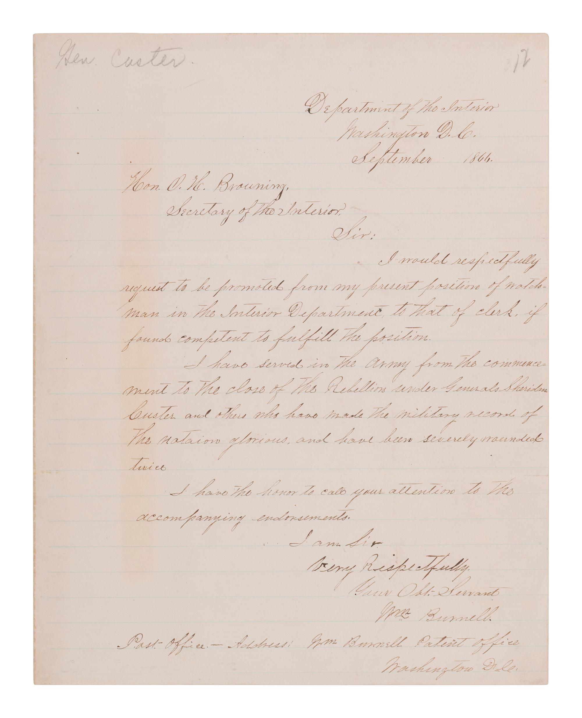 CUSTER, George Armstrong (1839-1876). Autograph endorsement signed ("G.A. Custer"), as Brevet Major General, U.S.A. [September 1866].
