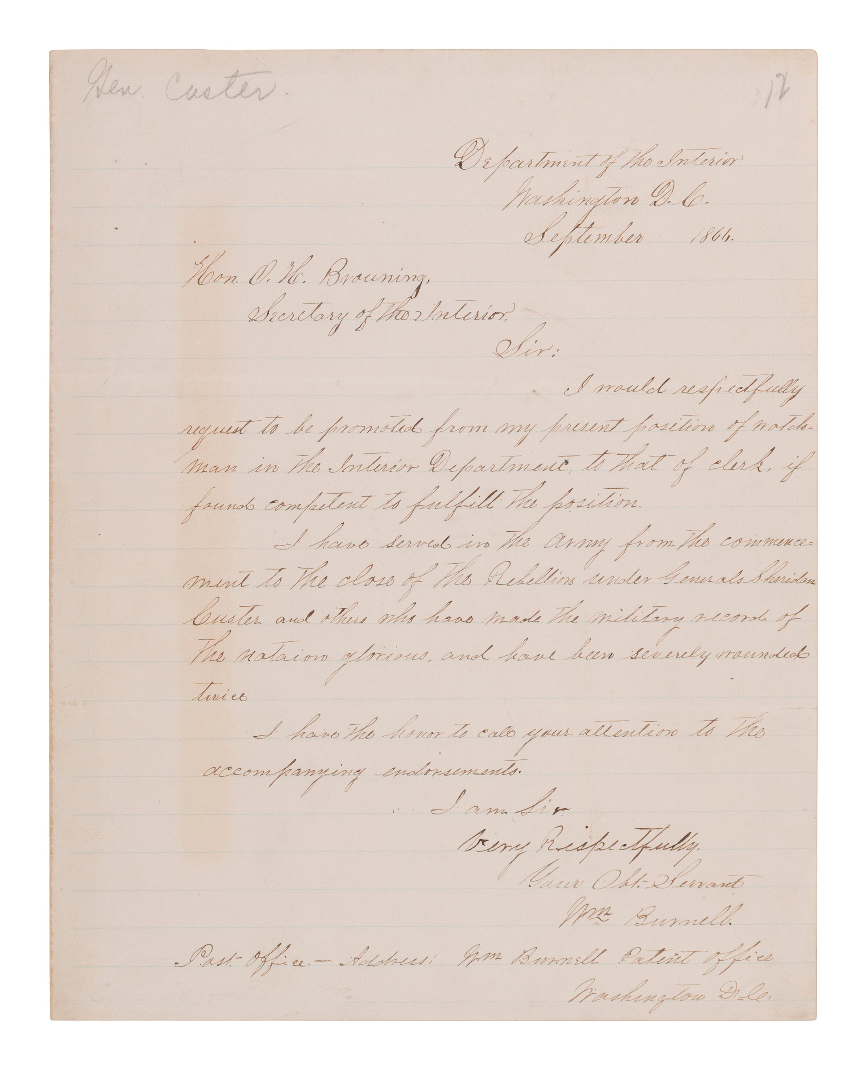 CUSTER, George Armstrong (1839-1876). Autograph endorsement signed ("G.A. Custer"), as Brevet Major General, U.S.A. [September 1866].