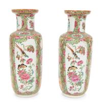 A Pair of Chinese Export Canton Famille Rose Rouleau-form Vases