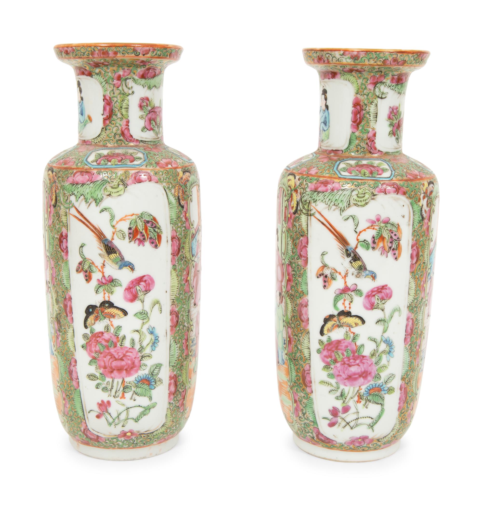 A Pair of Chinese Export Canton Famille Rose Rouleau-form Vases