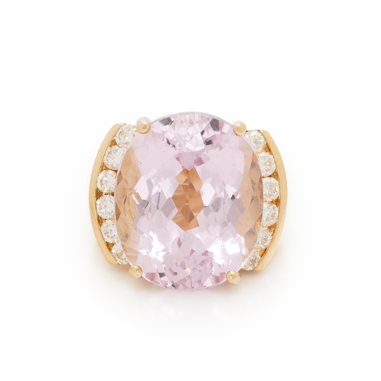 KUNZITE, DIAMOND, AND YELLOW GOLD RING