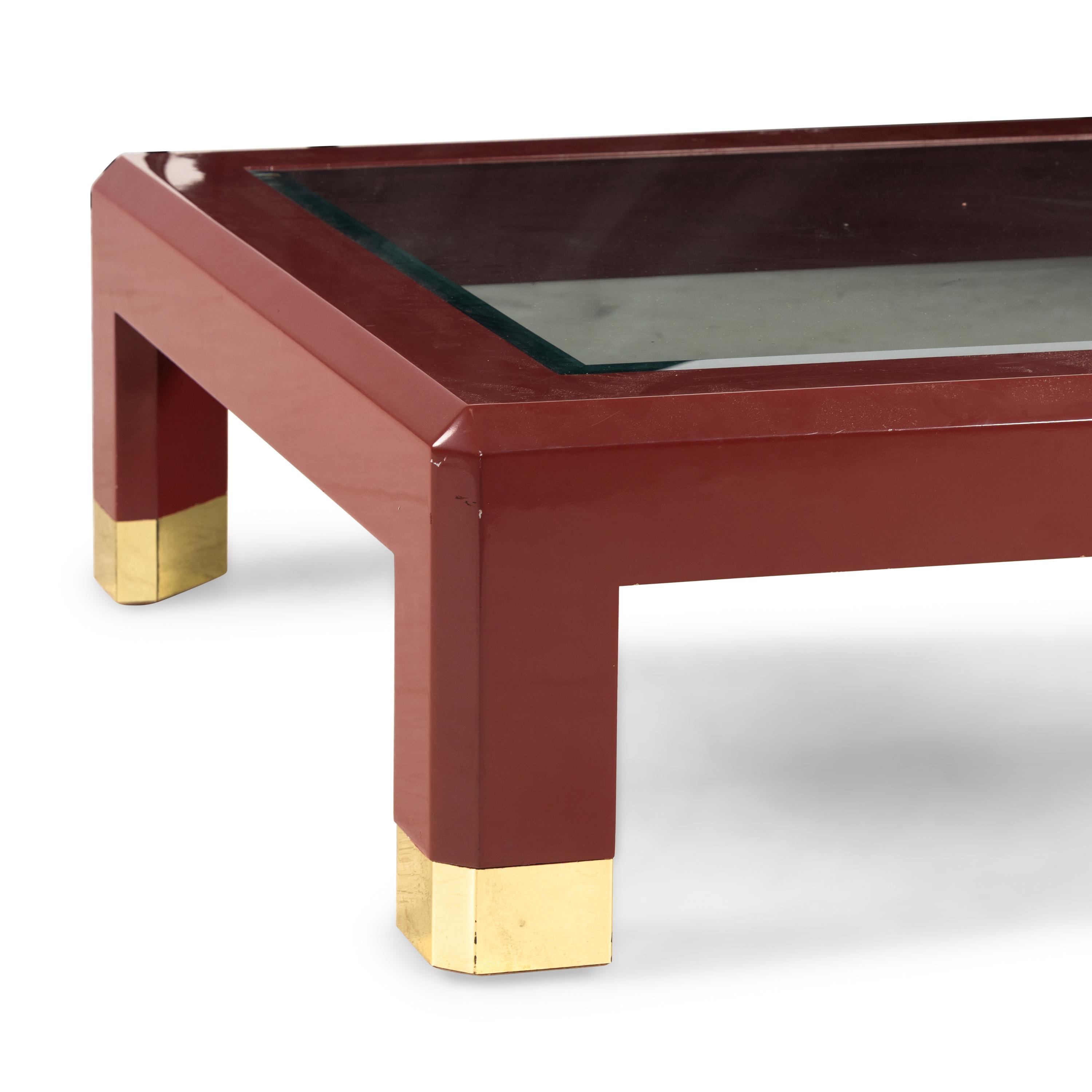 A Contemporary Lacquer, Glass and Chrome Low Table in the Style of Karl Springer