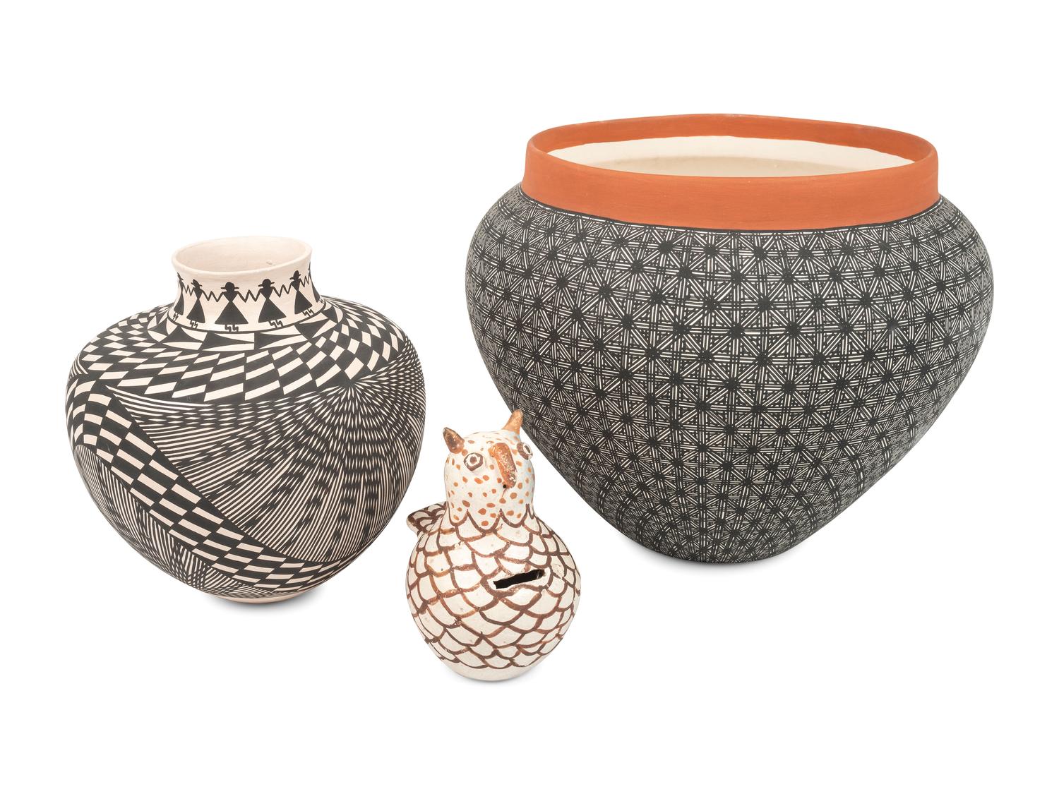 Pair of Contemporary Acoma Pottery, PLUS Acoma Pottery Owl Piggy Bank