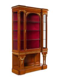 A Pair of Louis XVI Style Gilt Bronze and Metal Mounted Walnut Vitrine Cabinets