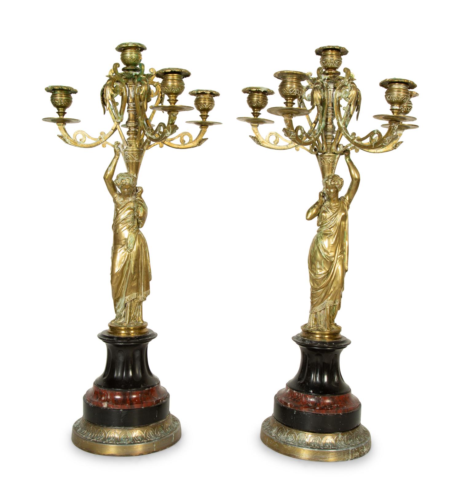 A Pair of French Gilt Bronze and Marble Six-Light Candelabra