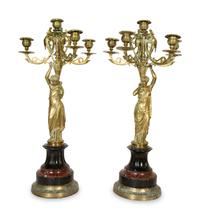 A Pair of French Gilt Bronze and Marble Six-Light Candelabra