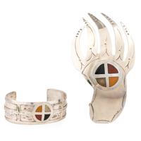 Silver Cuff and Kerchief Slide, with Medicine Wheel Designs