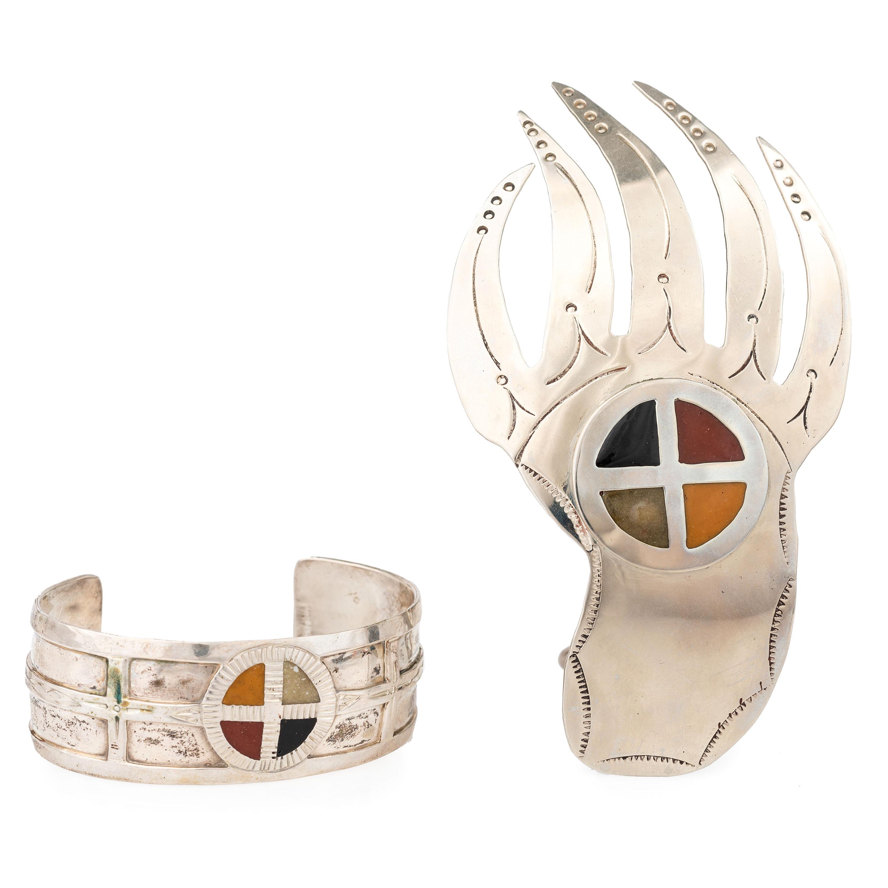 Silver Cuff and Kerchief Slide, with Medicine Wheel Designs