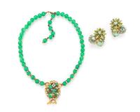 A Miriam Haskell Green Bead and Rhinestone Necklace, Necklace 17".
