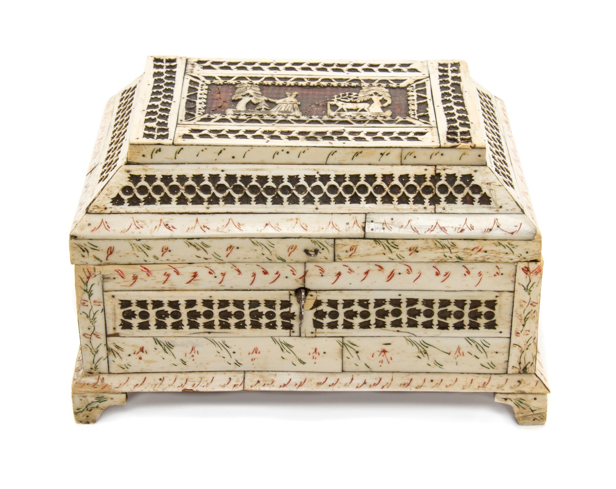 A Russian Bone Veneered Table Casket, Height 5 3/4 x width 9 x depth 6 inches.