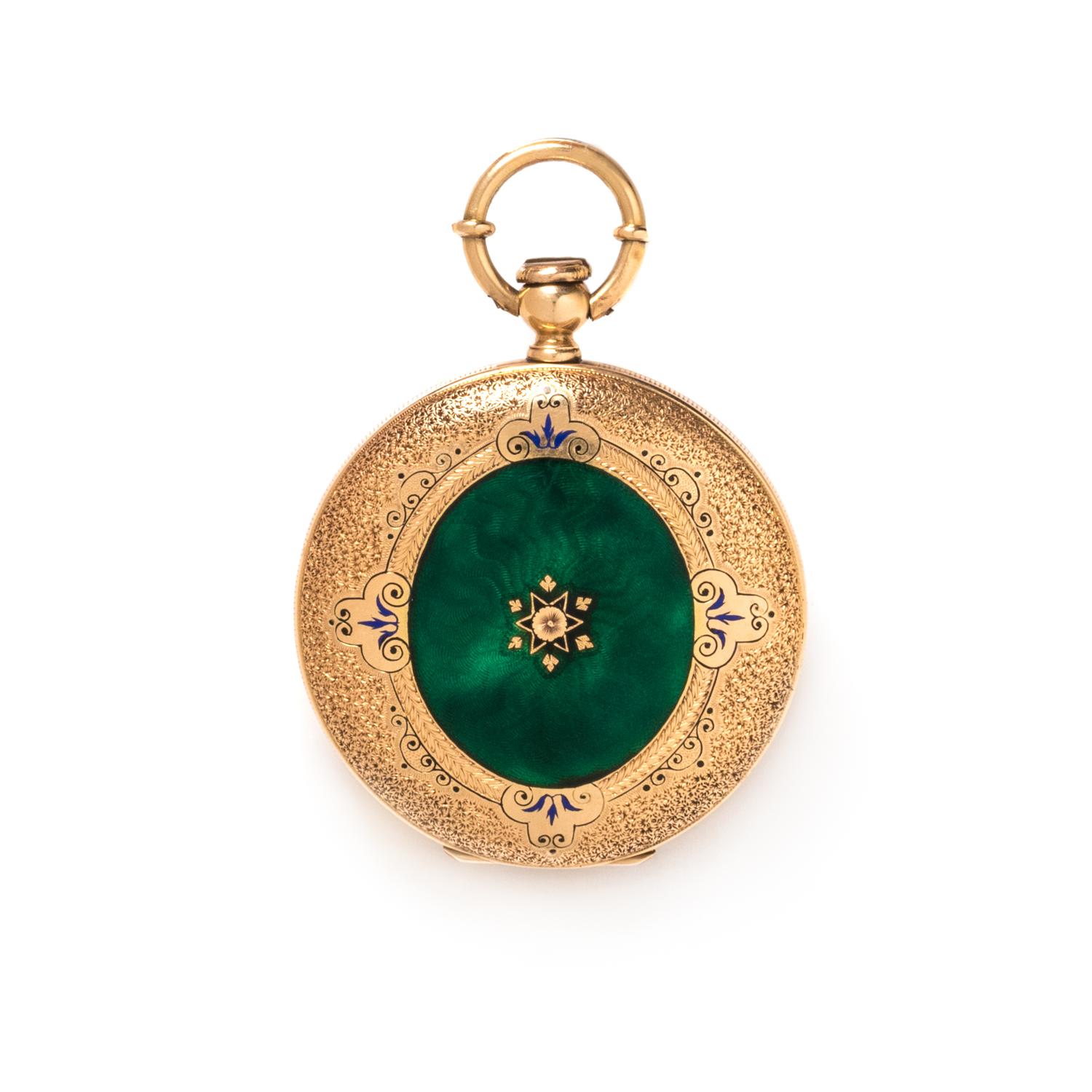 GILT-METAL, ENAMEL AND DIAMOND HUNTER CASE POCKET WATCH