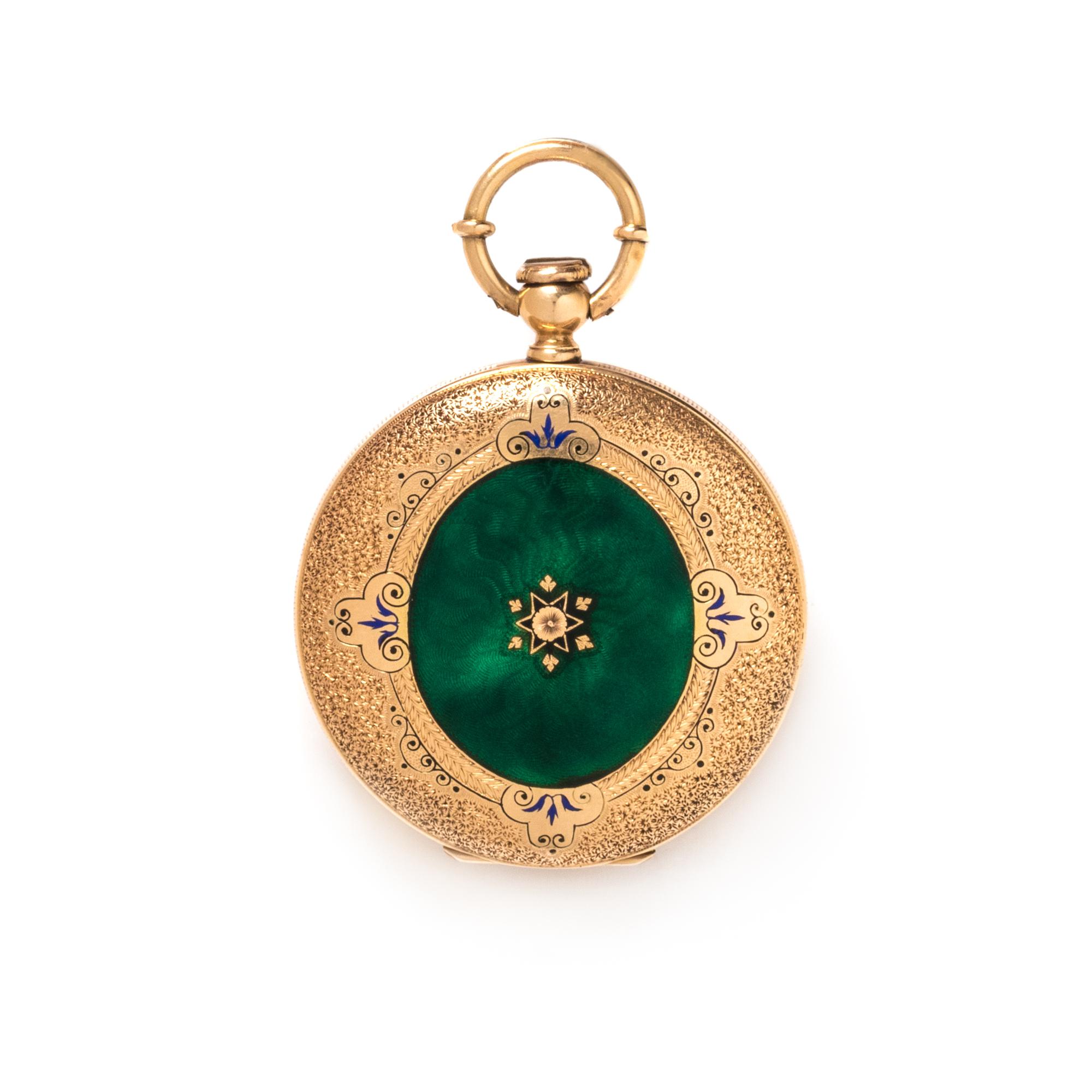 GILT-METAL, ENAMEL AND DIAMOND HUNTER CASE POCKET WATCH