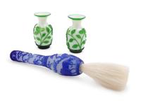 A Pair of Chinese Green Overlay Milky White Glass Vases and A Chinese Blue Overlay Snow Flake Ground Glass Brush Holder