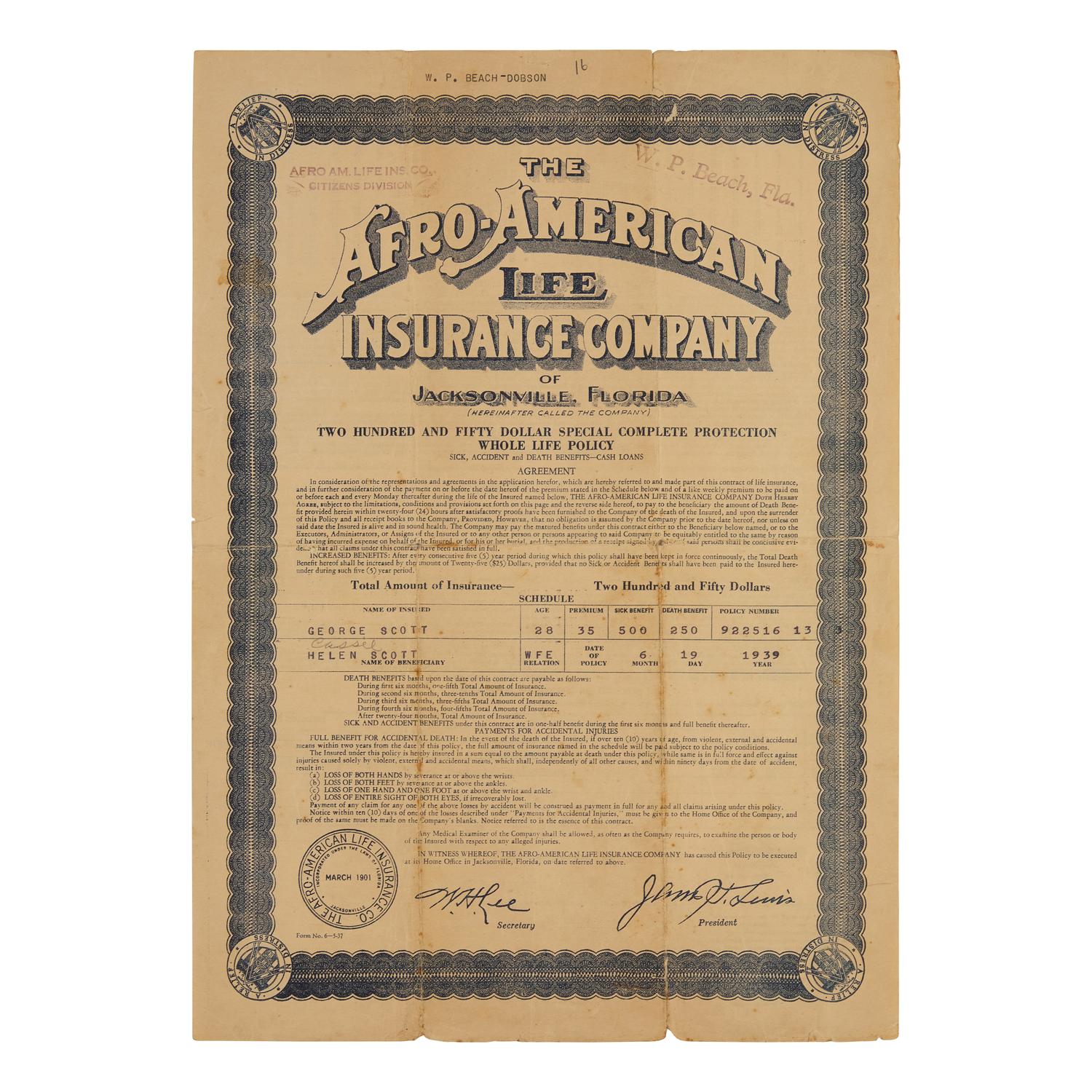 [African-Americana] Life Insurance Policy for a West Palm Beach Resident, Issued by One of the Largest Black-Owned Businesses in the State