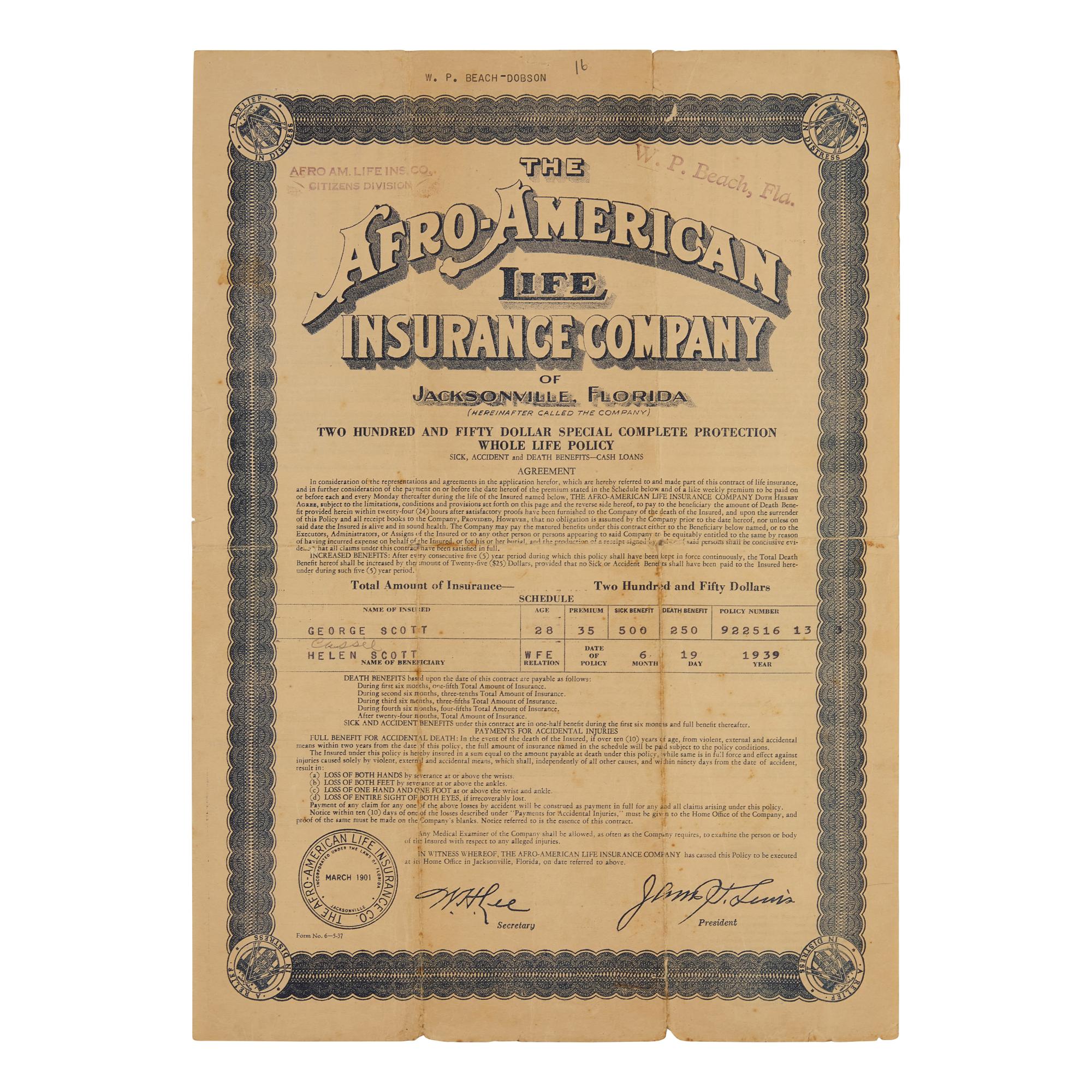 [African-Americana] Life Insurance Policy for a West Palm Beach Resident, Issued by One of the Largest Black-Owned Businesses in the State