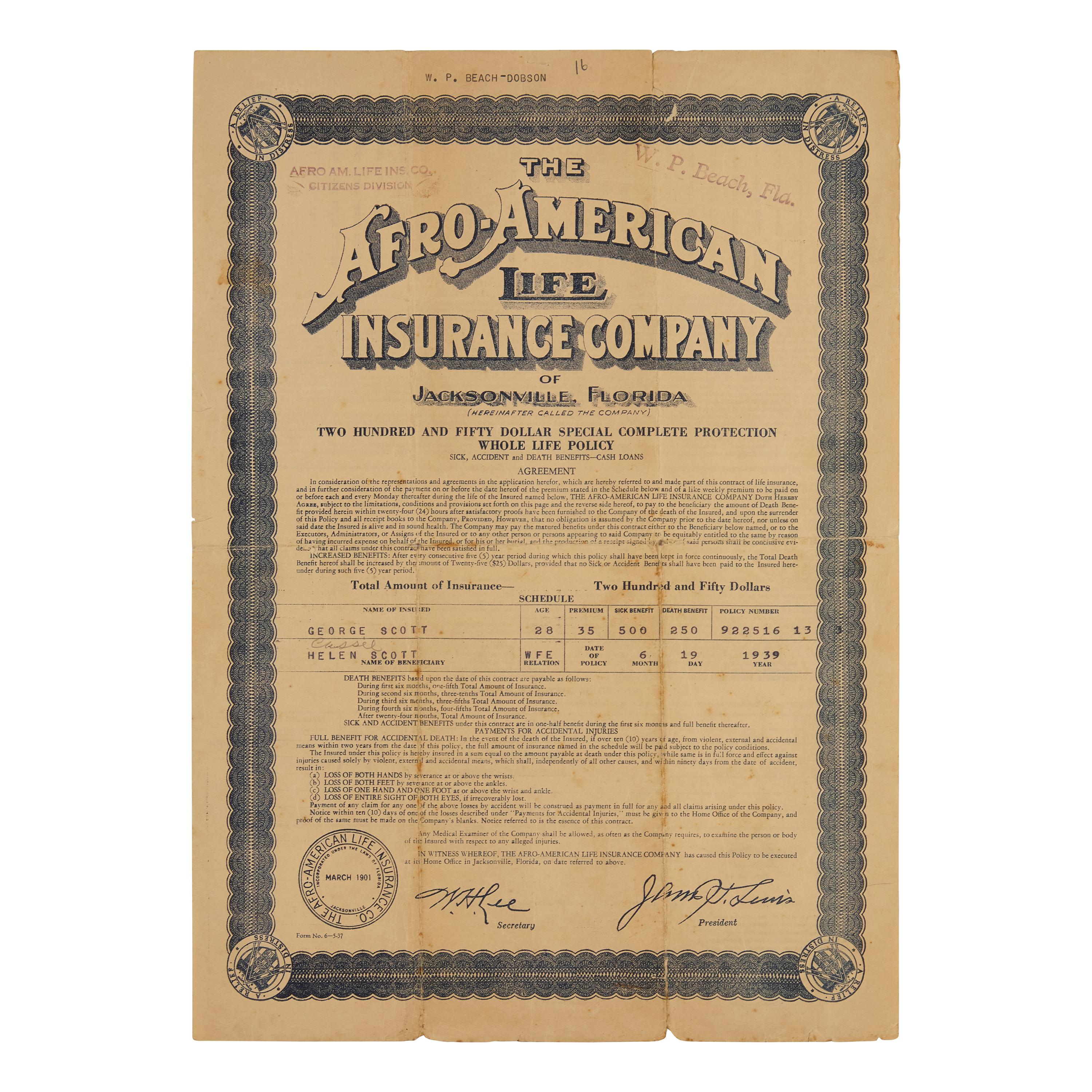 [African-Americana] Life Insurance Policy for a West Palm Beach Resident, Issued by One of the Largest Black-Owned Businesses in the State