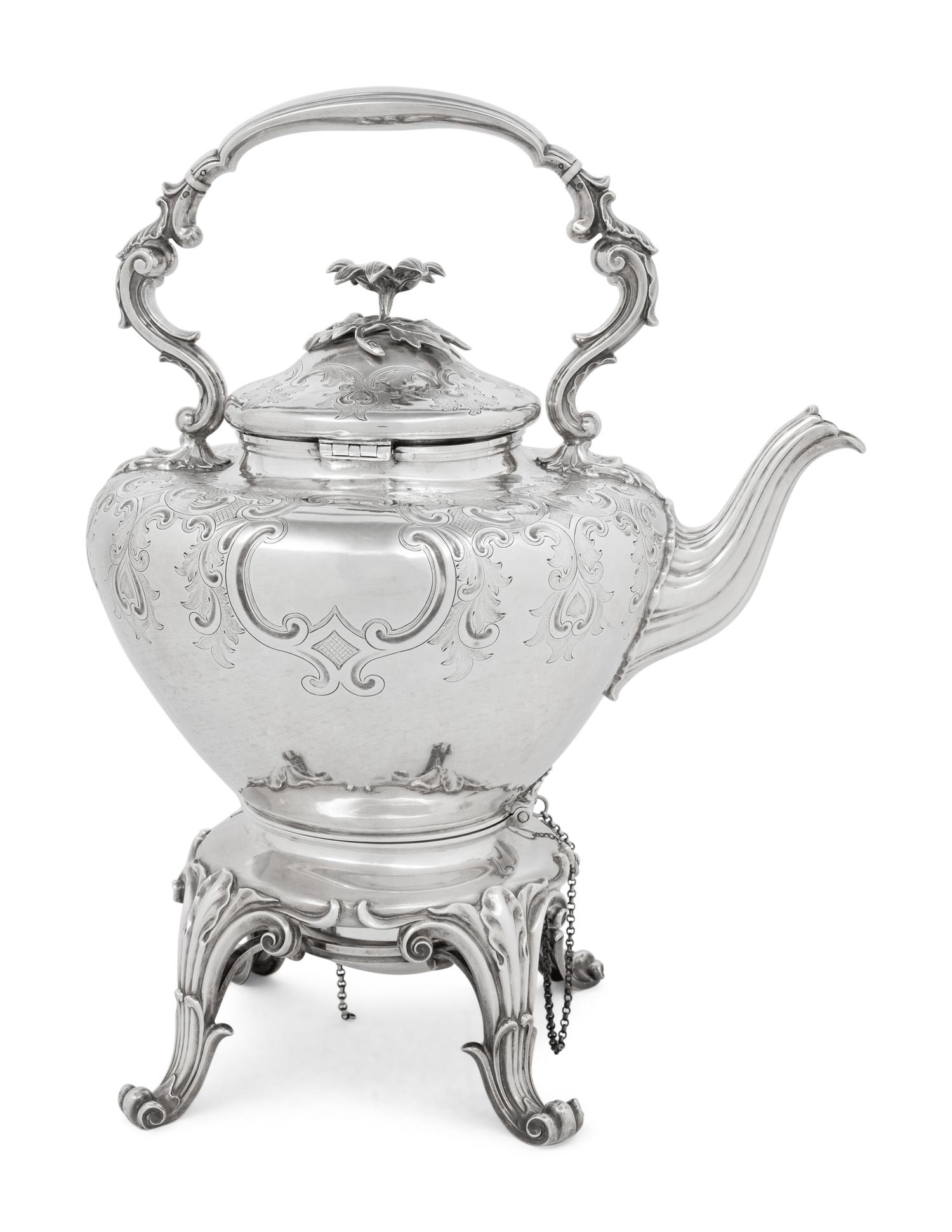 A Victorian Silver Hot Water Kettle on Stand