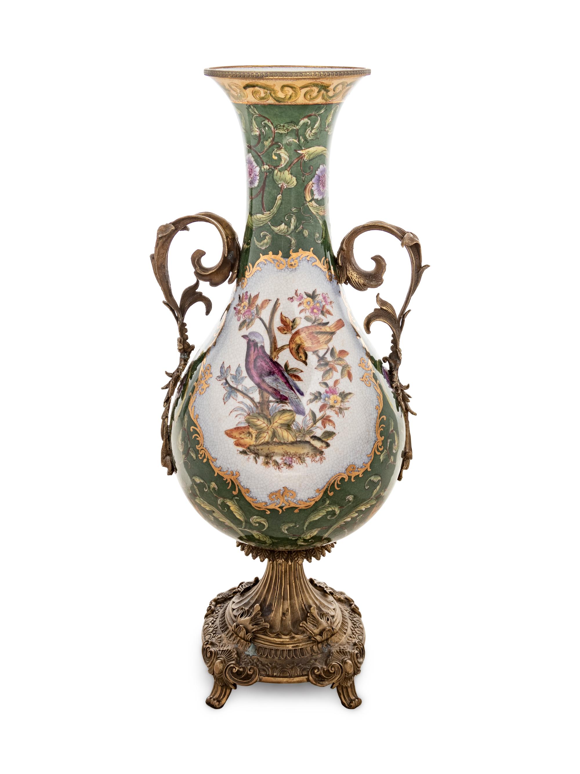 A Continental Gilt Metal Mounted Transfer-Decorated Porcelain Vase