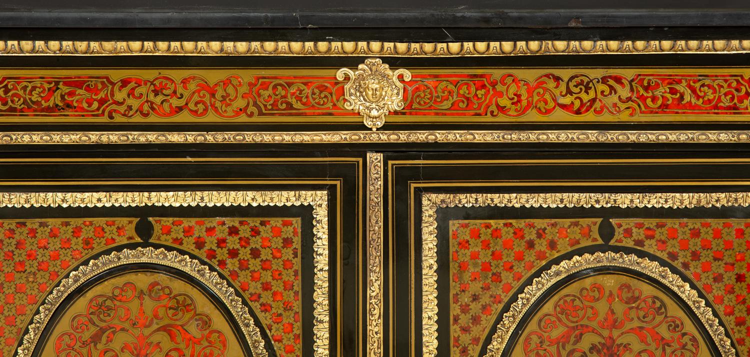 A Napoleon III Gilt Bronze Mounted Boulle Marquetry Marble-Top Console Cabinet