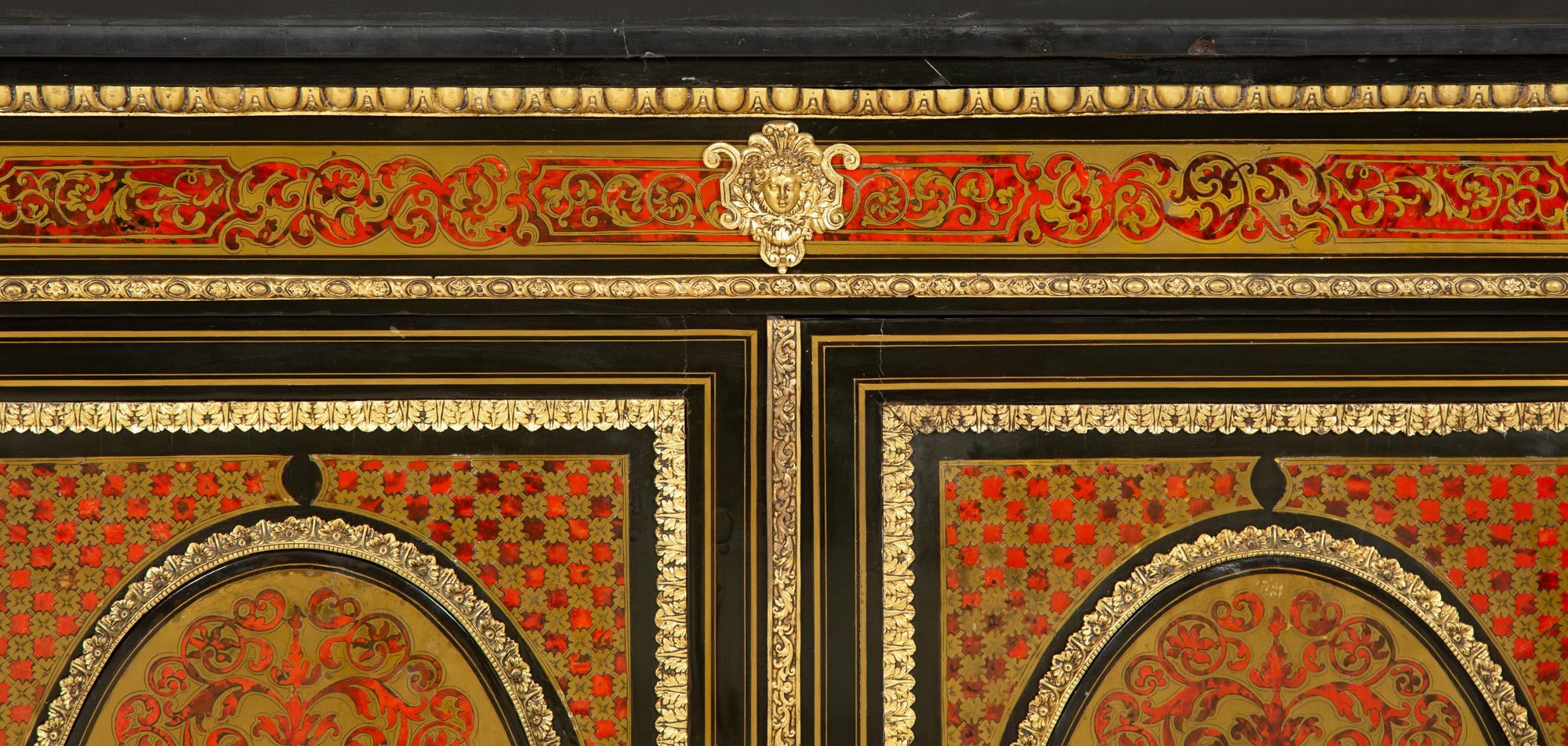 A Napoleon III Gilt Bronze Mounted Boulle Marquetry Marble-Top Console Cabinet