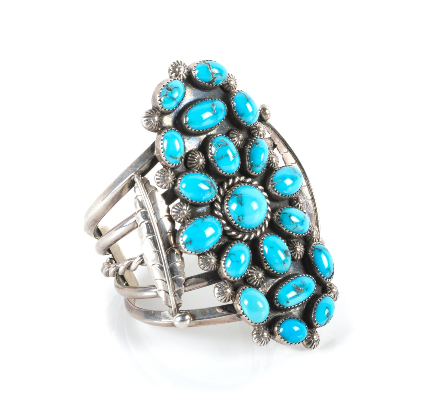 Southwestern Silver and Turquoise Cuff Bracelet Length 5 1/2 x opening 1 1/4 x width 3 5/8 inches