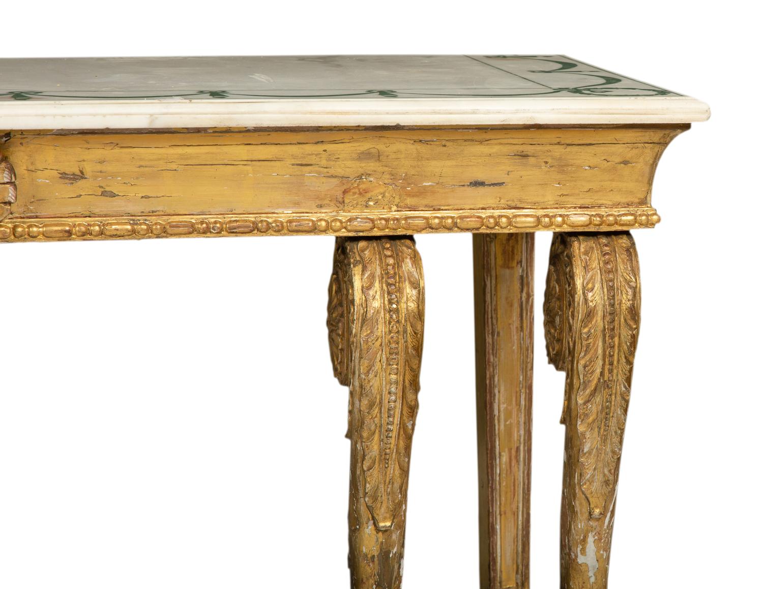 A Palladian Revival Giltwood, Inlaid Marble and Faux Marble-Painted Console Table