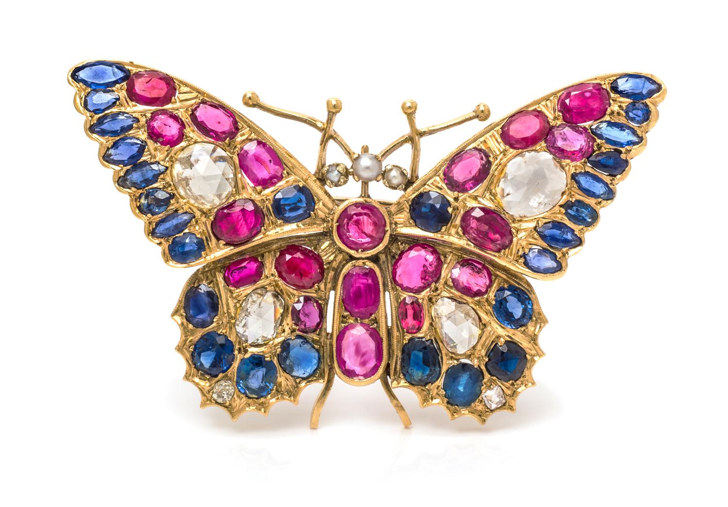 A Victorian Yellow Gold, Diamond and Multigem Butterfly Brooch, 15.40 dwts.