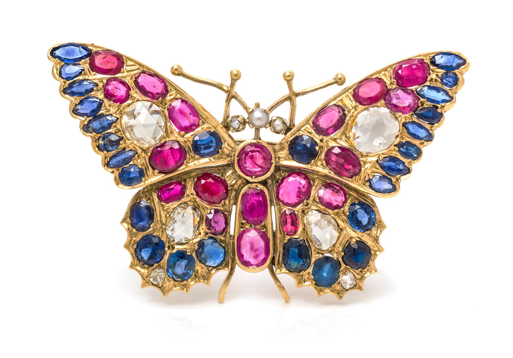 A Victorian Yellow Gold, Diamond and Multigem Butterfly Brooch, 15.40 dwts.