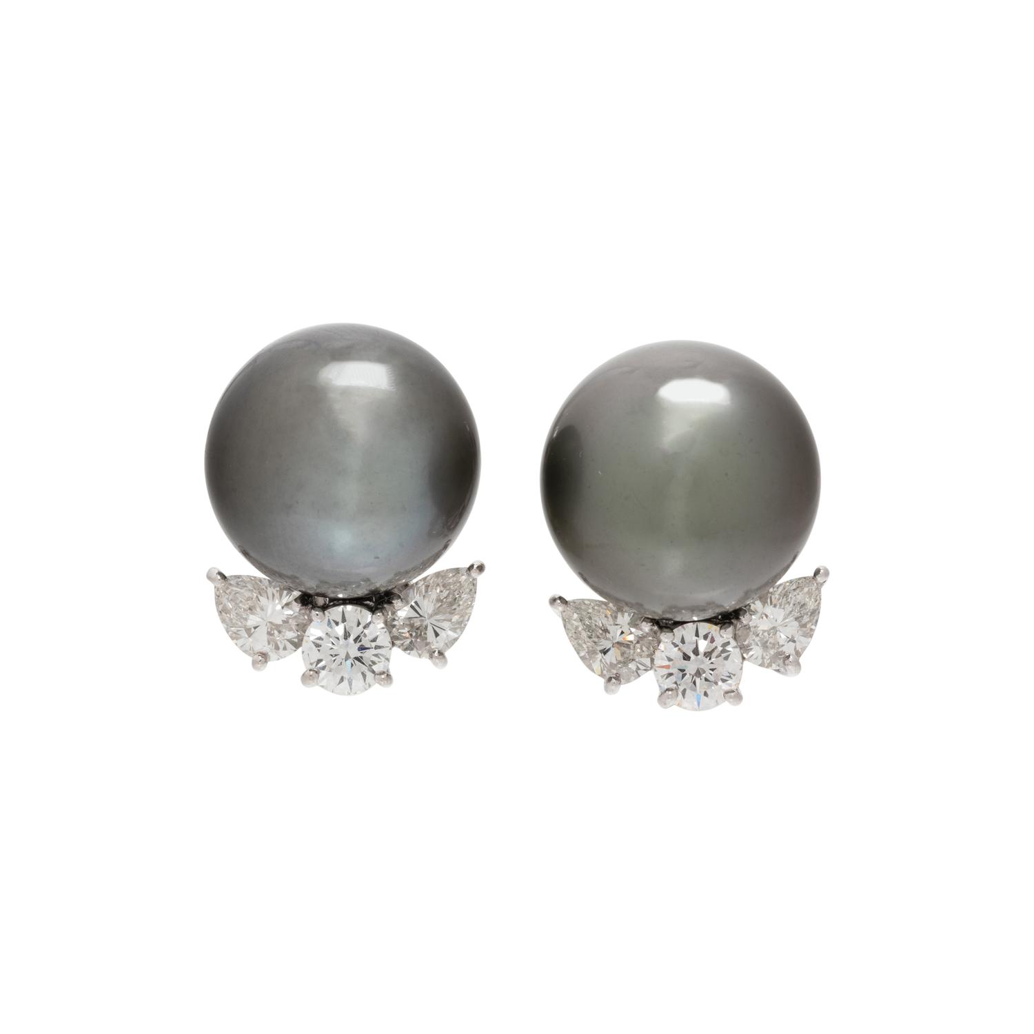 CULTURED TAHITIAN PEARL AND DIAMOND EARCLIPS