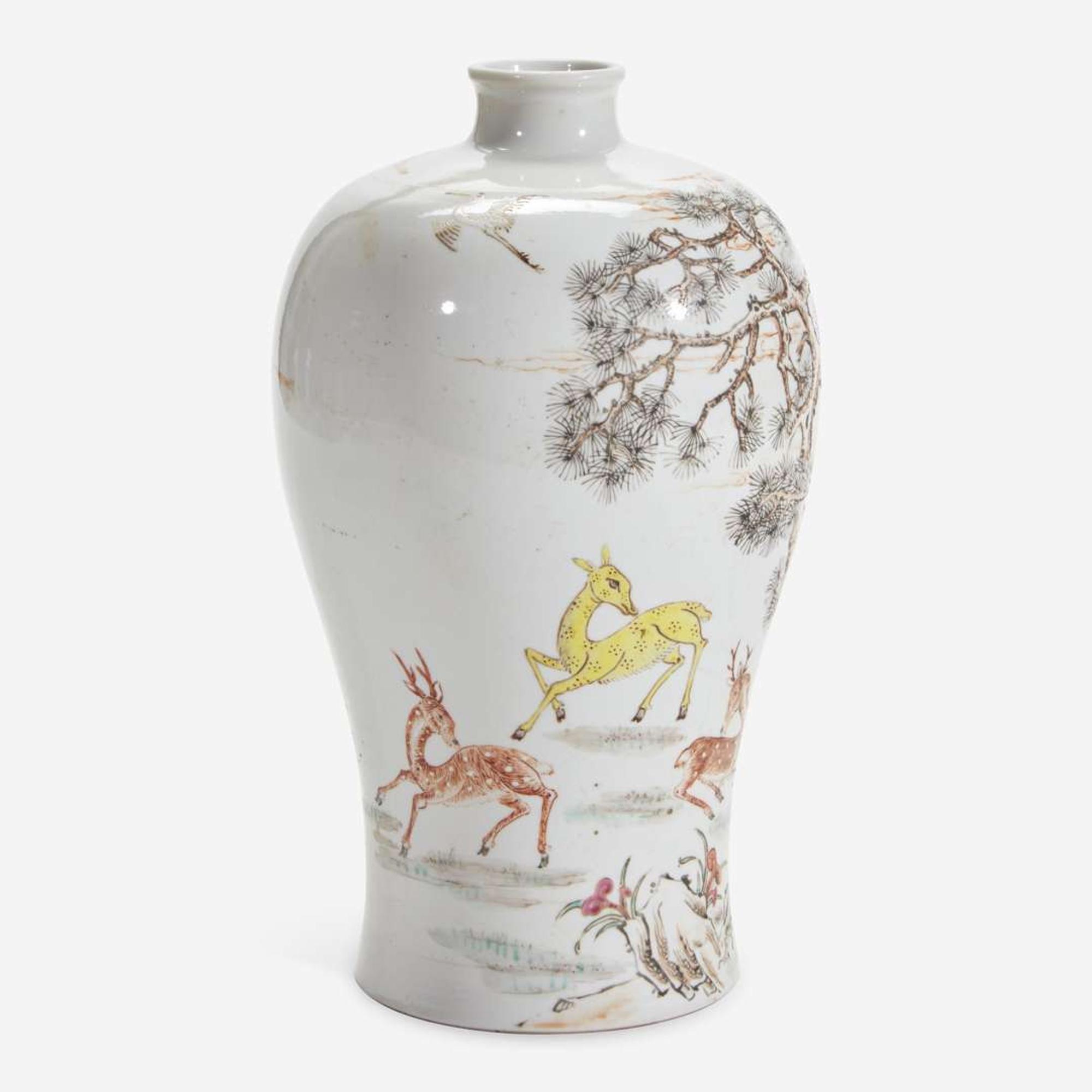 A Chinese famille rose-decorated "Deer and Crane" meiping vase 粉彩“鹿鹤”梅瓶 Chenghua six-character mark but later ????? ???????