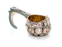 A Russian Enameled Silver Kovsh, Likely suprious mark of Faberge, Moscow, late 19th/early 20th century, having a lobed body decorated w