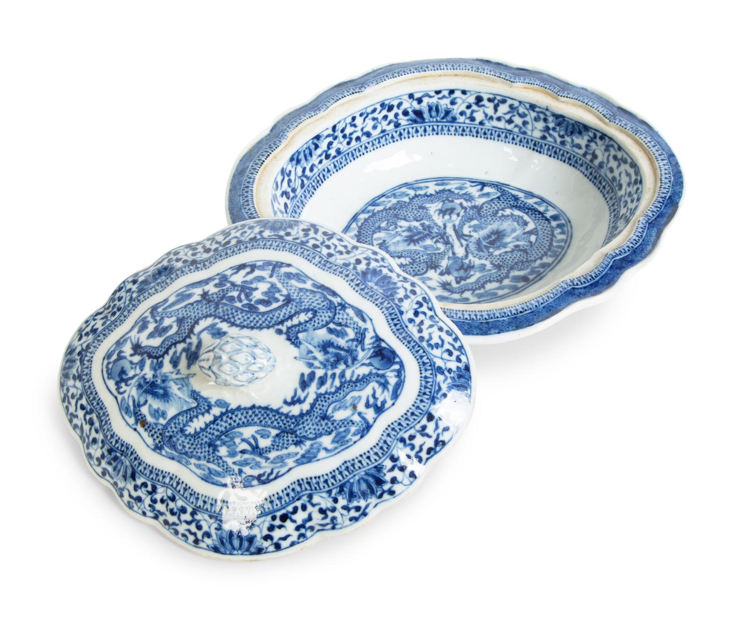 Two Chinese Blue and White Porcleain Lidded Vegetable Servers and a Cache Pot — 20TH CENTURY