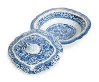 Two Chinese Blue and White Porcleain Lidded Vegetable Servers and a Cache Pot — 20TH CENTURY
