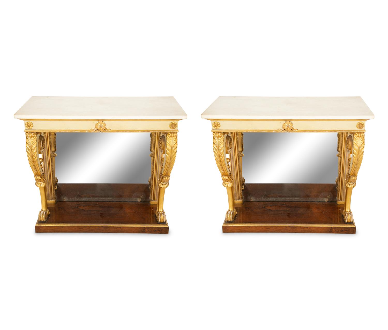 A Pair of Louis XVI Style Painted and Parcel Gilt Marble Top Console Tables