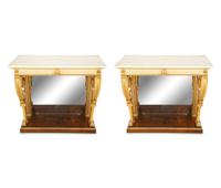 A Pair of Louis XVI Style Painted and Parcel Gilt Marble Top Console Tables