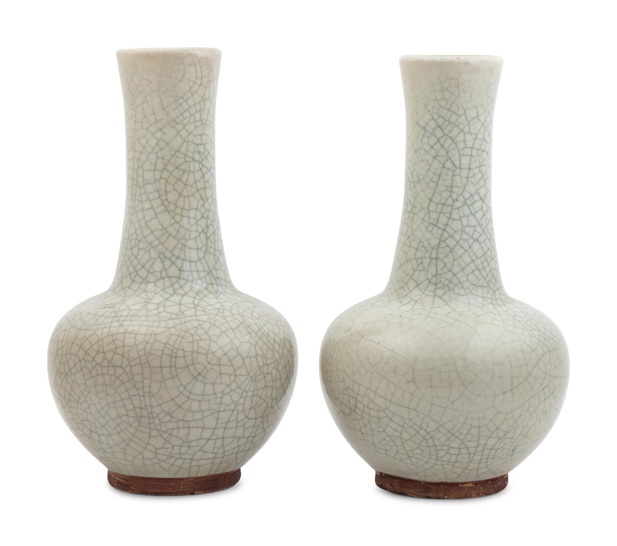 A Pair of Chinese Crackle Glazed Porcelain Bottle Vases