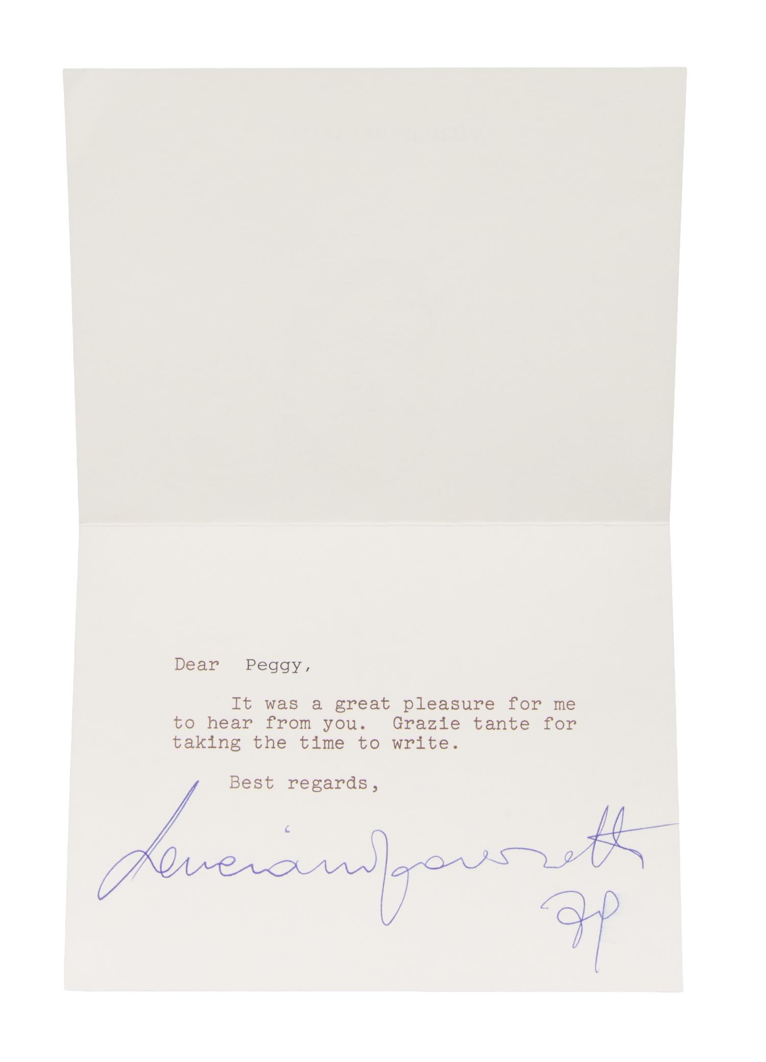 (MUSICIANS) Pavarotti, typed note card signed. Together with Artur Rubenstin, signed promotional booklet.