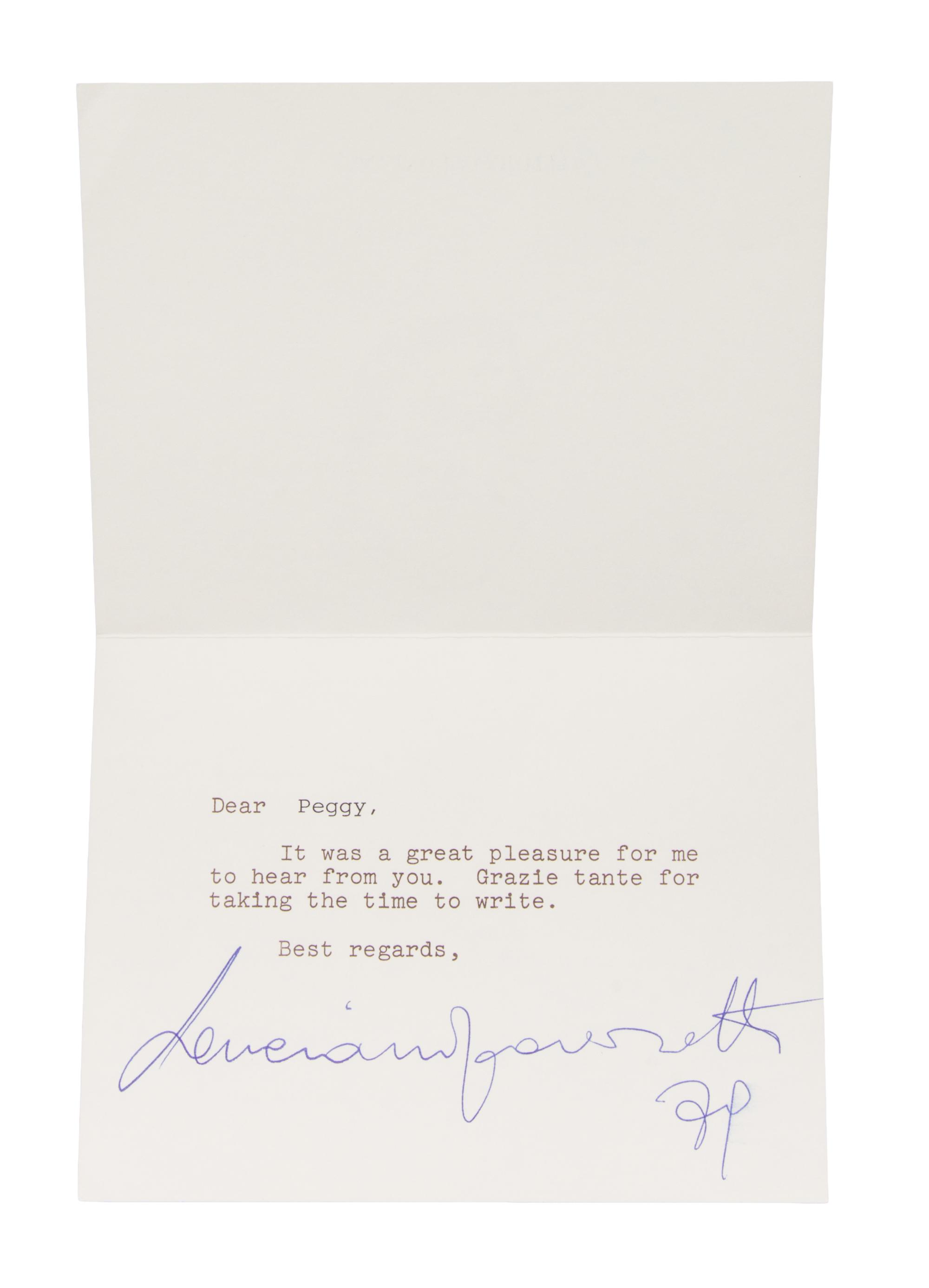 (MUSICIANS) Pavarotti, typed note card signed. Together with Artur Rubenstin, signed promotional booklet.