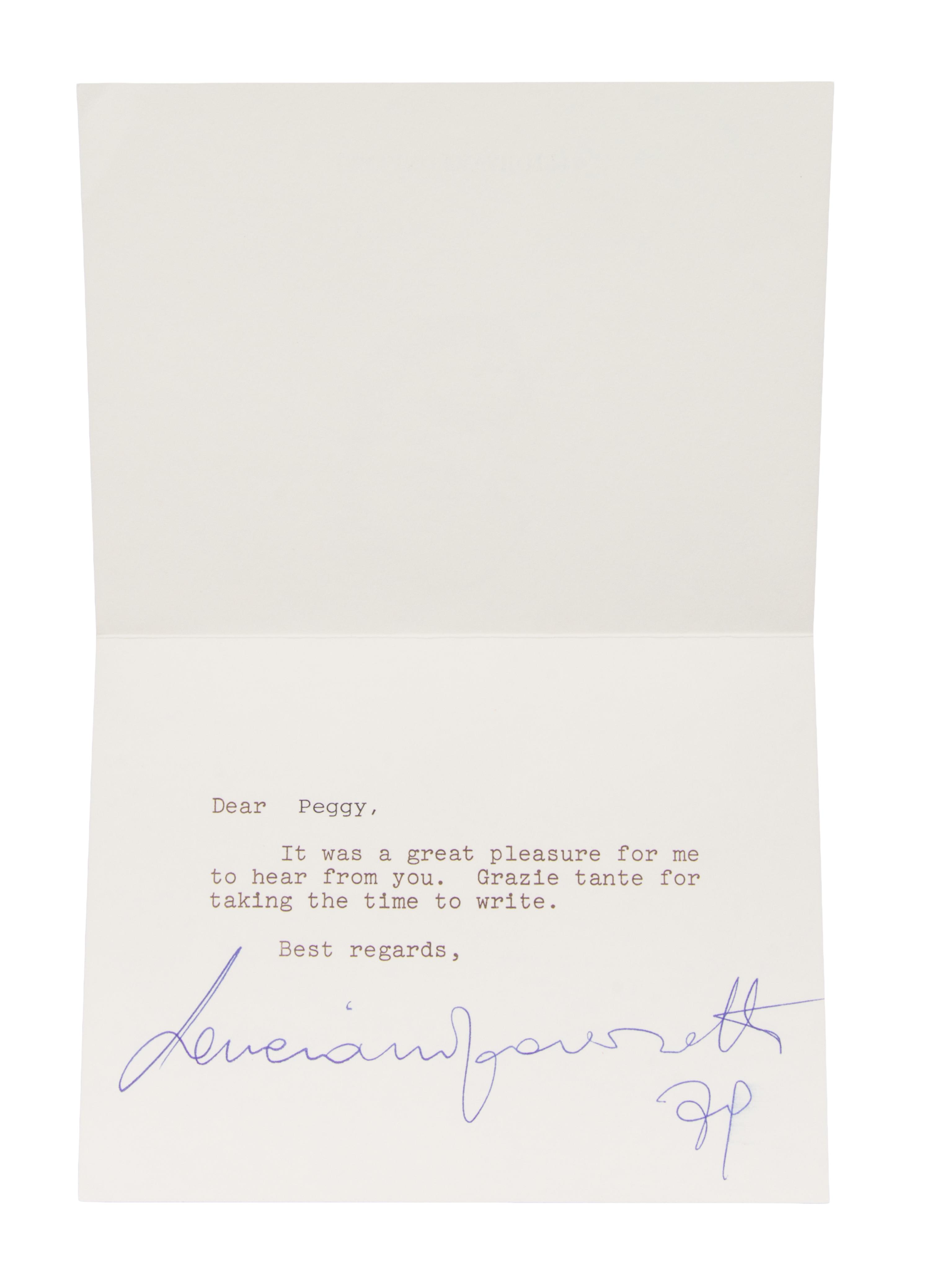 (MUSICIANS) Pavarotti, typed note card signed. Together with Artur Rubenstin, signed promotional booklet.